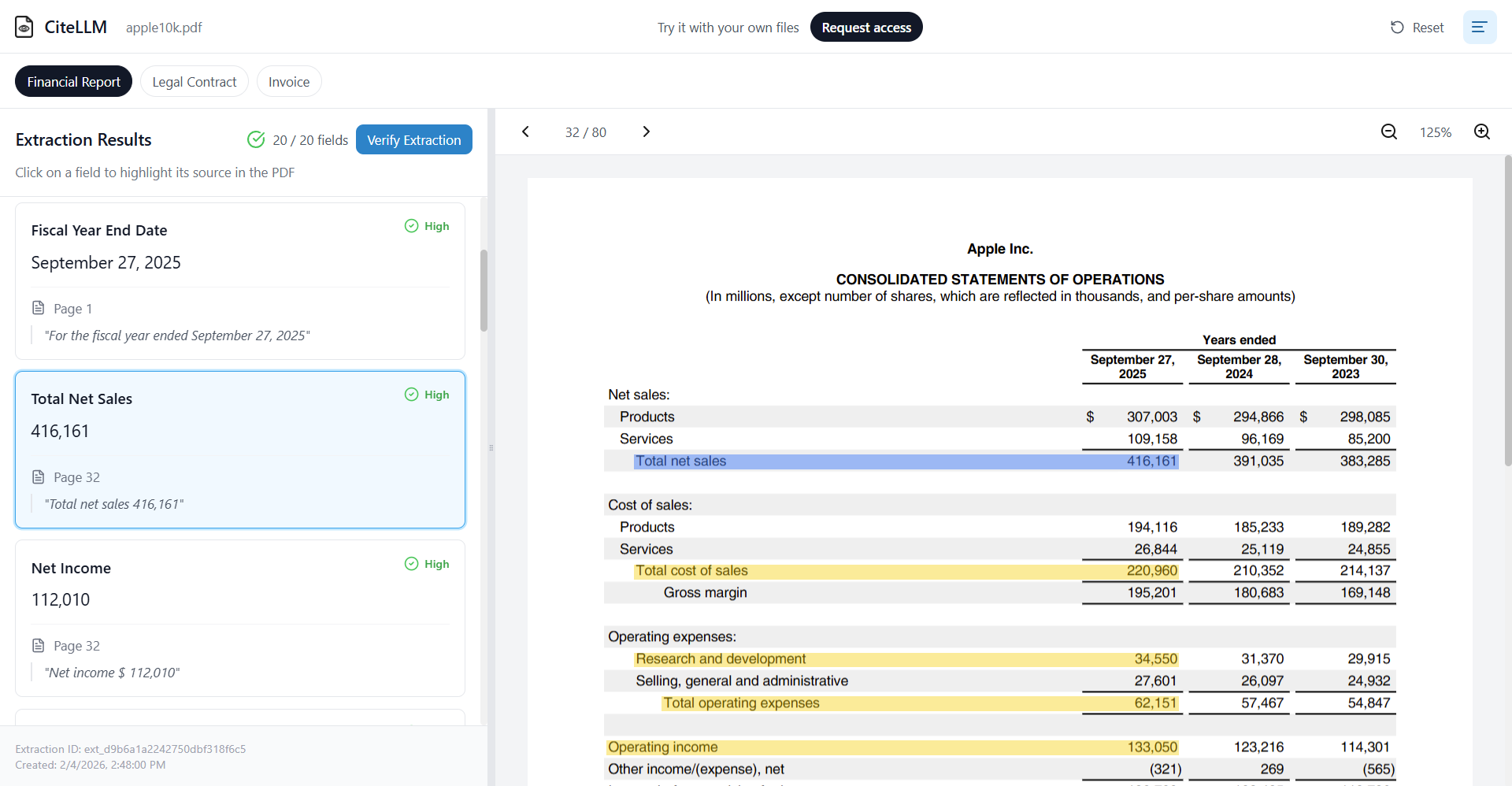 CiteLLM demo showing extracted fields linked to highlighted PDF sources